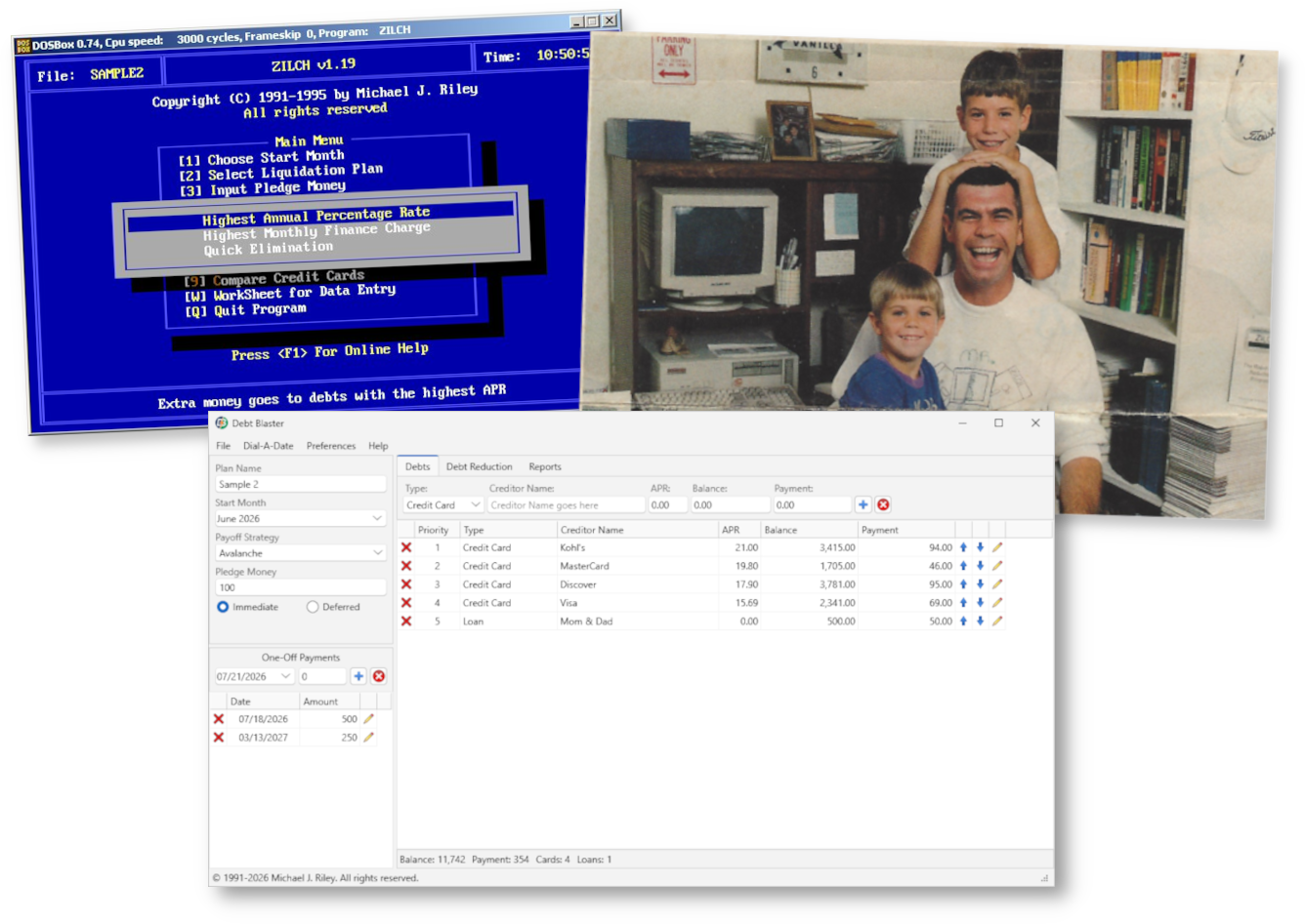The evolution of Debt Blaster from Zilch DOS in 1991 through the 1994 magazine feature to today's Windows version
