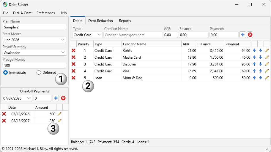 Debt Blaster for Windows plan builder with numbered callouts for plan settings, debt entry, and one-off payments