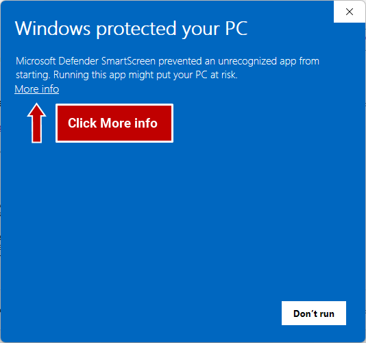 Microsoft Defender SmartScreen warning with the More info link highlighted.
