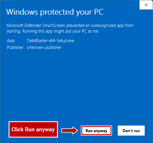 Microsoft Defender SmartScreen warning showing the Run anyway button.