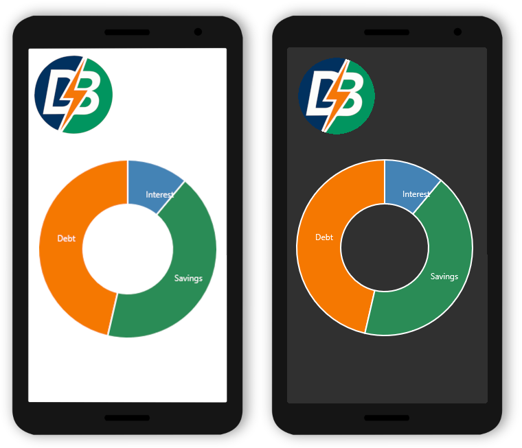 Debt Blaster mobile design concept showing light and dark payoff donut views side by side in phone frames
