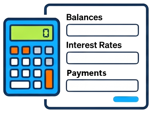 Debt Blaster step one showing debts, balances, rates, and payments entered into the software