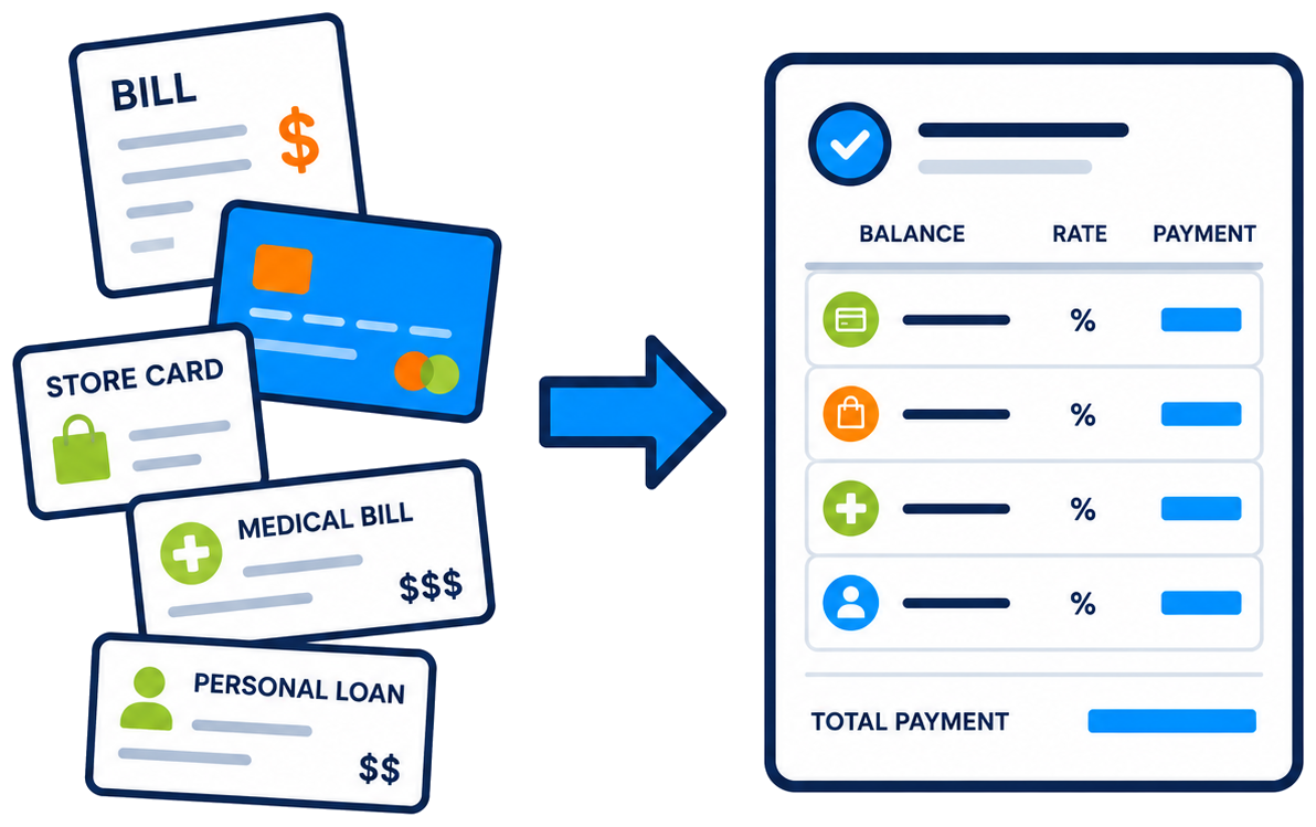 Multiple debts being organized into one clear Debt Blaster plan