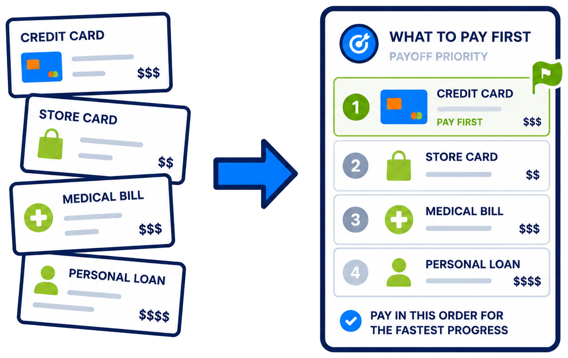 Debt Blaster showing a prioritized payoff order with the first debt highlighted