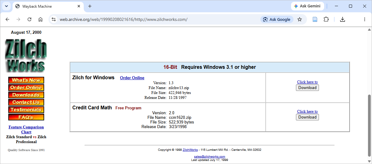 Archived ZilchWorks download page in the Wayback Machine